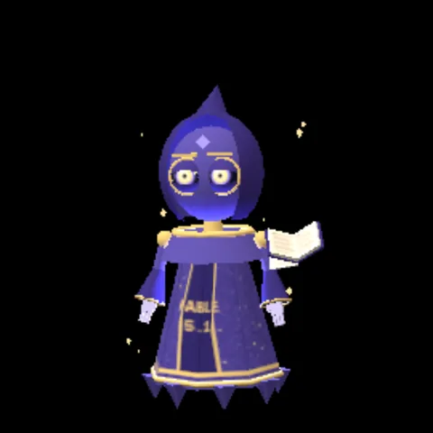 Fable, an indigo robot in a starry cape, reading a prophecy