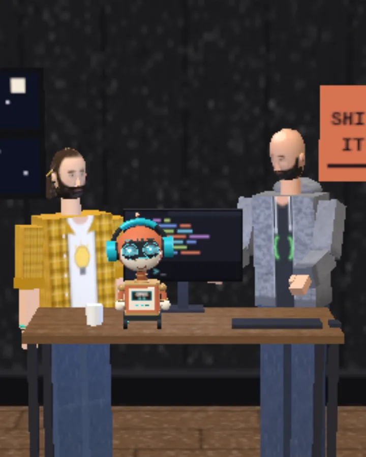 Aaron, Orlando and Opus at the desk, in low-poly 3D: Aaron raises a finger with an idea.