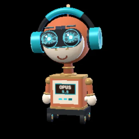Opus, a small coral robot with GPU eyes, opening her arms