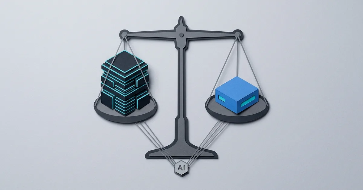 A balance scale weighing hand-built custom middleware code on one side against a prebuilt message gateway block on the other, both feeding one AI agent