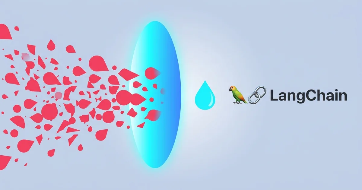 Raw webhook traffic with duplicates, bursts and junk passing through a pre-LLM filter layer, so only one clean message reaches a LangChain agent and the model