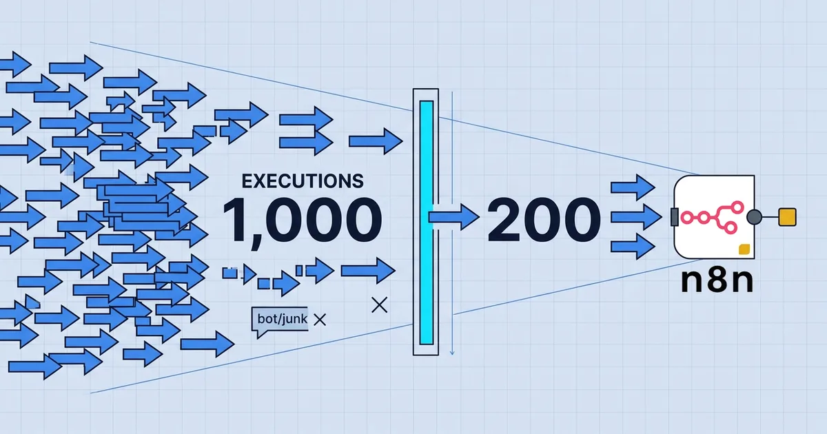Many webhook calls hitting an n8n Webhook node, a filter layer collapsing duplicates, bursts and bot traffic so only a few real events become executions
