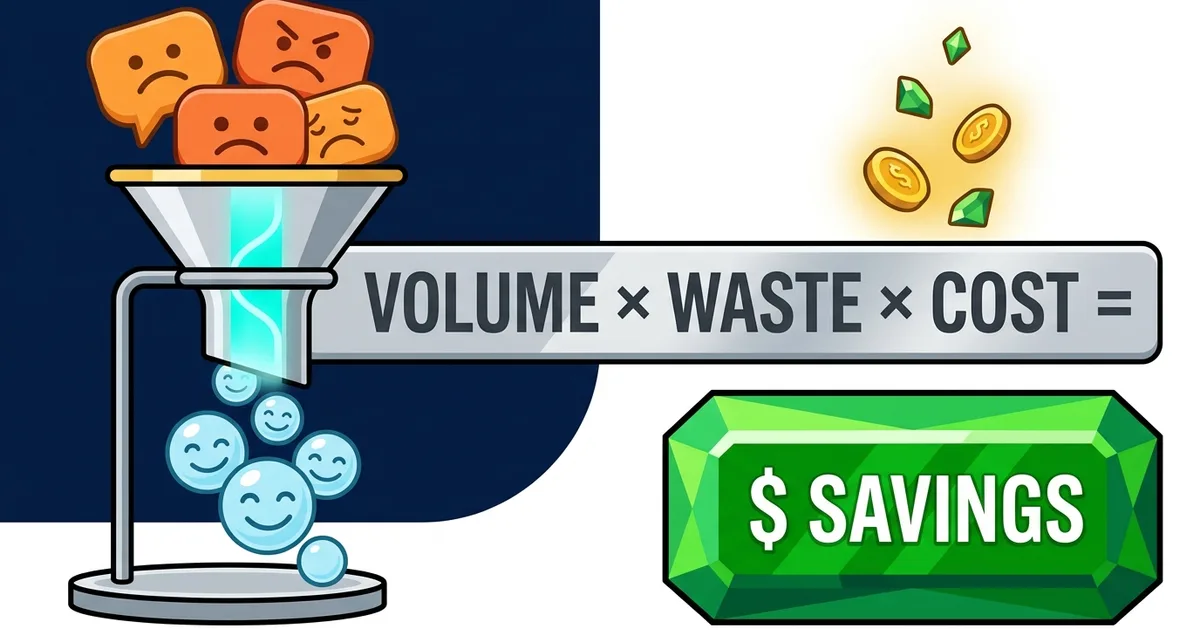 A formula turning monthly message volume and waste rate into a dollar savings figure, illustrating the ROI of AI message filtering