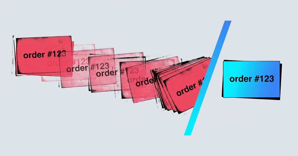 Three identical 'order #123' messages hitting the Portarus gateway, two stamped as duplicates and rejected so only one reaches the AI agent