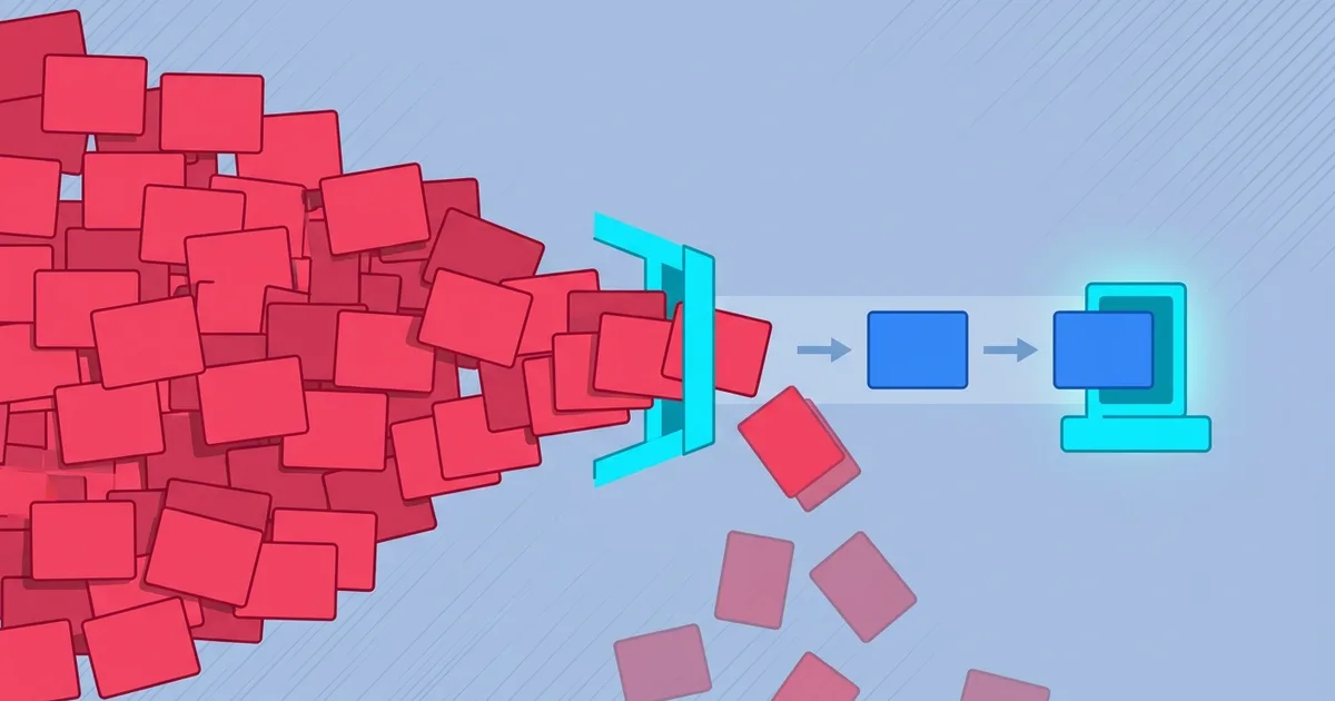 A burst of duplicate webhook payloads collapsing into a single clean trigger before it reaches a Make.com AI scenario, with the wasted operations dropped