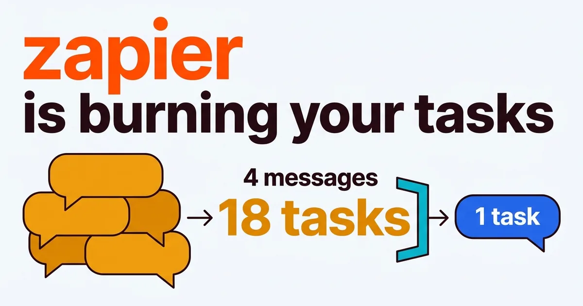 A flood of duplicate and fragmented chat messages hitting a Zapier webhook, each one counted as a billed task, versus a filtered single message that triggers one run