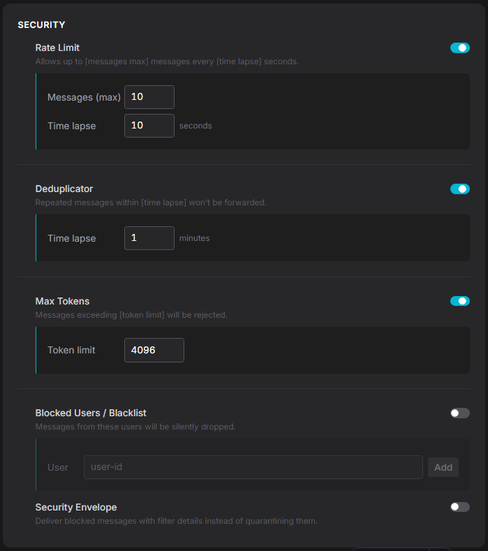 Gateway edit page showing the filters section — rate limit, dedup and token budget
