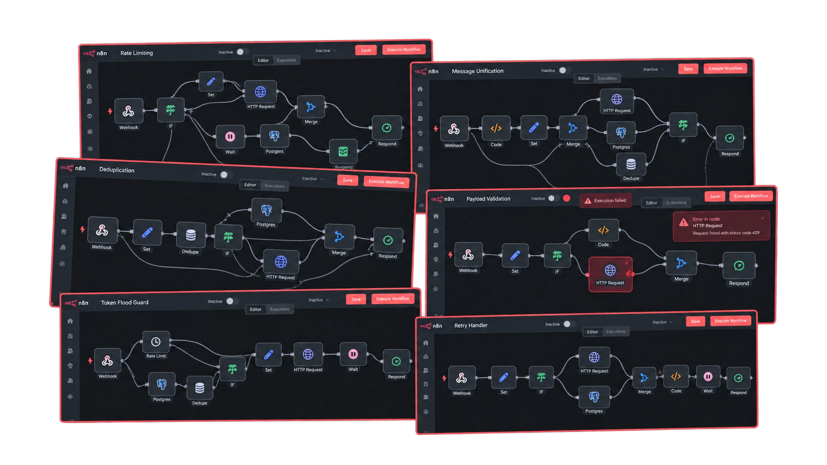 Overlapping complex n8n workflows for deduplication, rate limiting, unification, validation